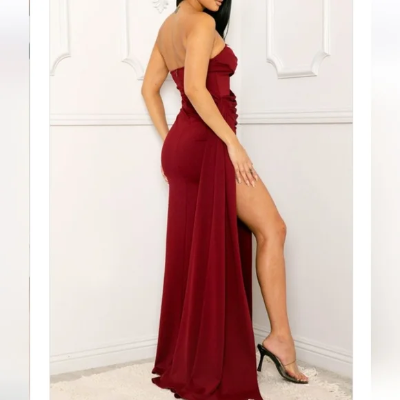 New, Draped pleated tube top, ruched flare bottom maxi dress with a zipper back. - Picture 2 of 3